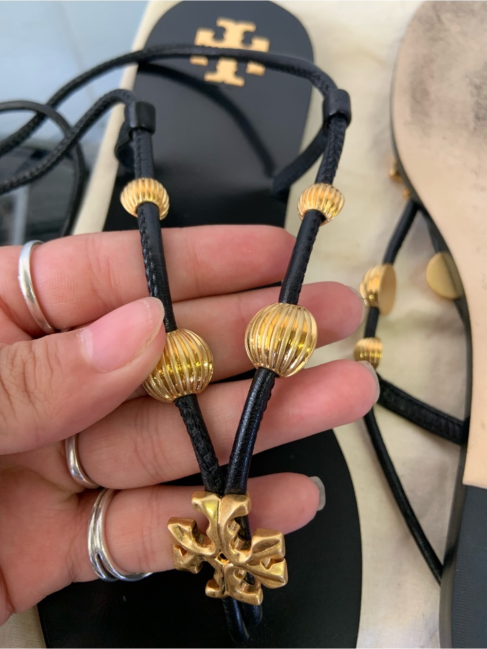 Tory Burch Black Sandal Lace-Up Flats with Gold Logo Accents - Picture 8 of 9